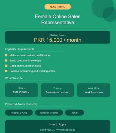   Hiring – Female Online Sales Representative