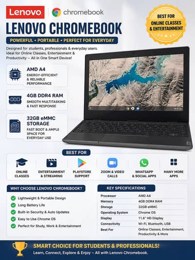 Chromebook lenovo AMD A4 Gen 2 4GB Ram DDR4 32GB emmc playstore work