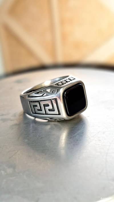Men's Steel Ring Silver colour Black Engraving size 9