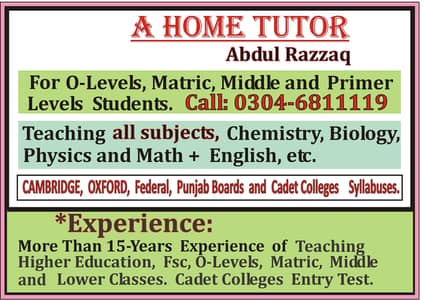 Home Tutor, Tuition. "A Highly Experienced and Reliable Teacher.