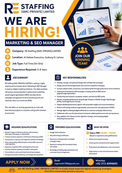 Marketing & Seo Manager || Seo Jobs in Lahore,