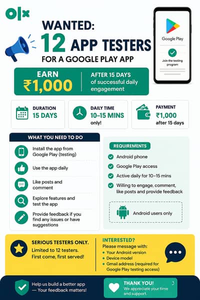 Need 12 Android App Testers – Earn Rs. 1,000