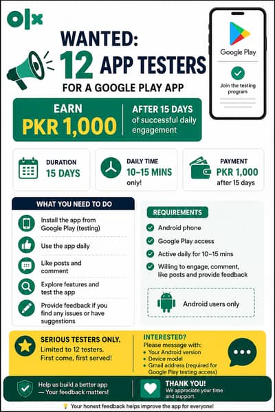 Need 12 Android App Testers – Earn Rs. 1,000