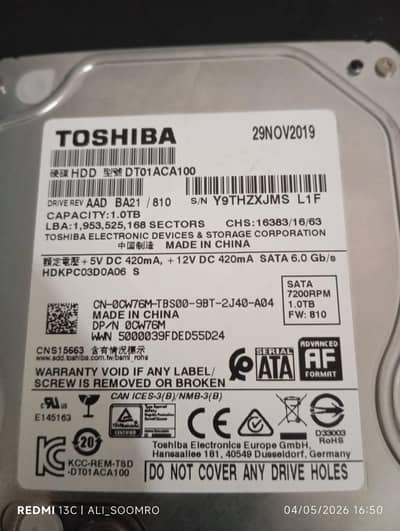 Toshiba 1TB HDD 7200RPM – Health 100% Like New