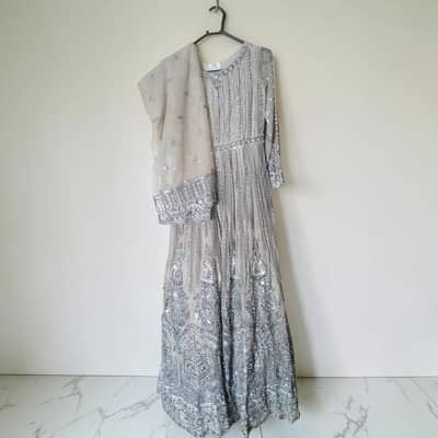 "Branded Akbar Aslam Silver Grey Heavy Embroidedered Bridal Maxi