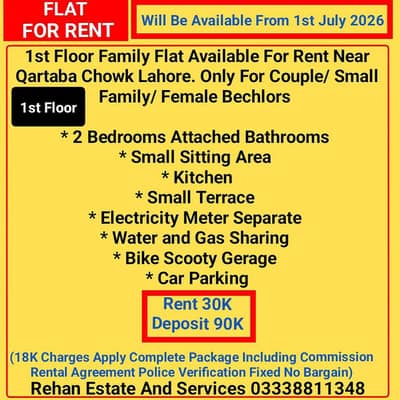 1st Floor Family Flat For Rent Near Qartaba Chowk Lahore