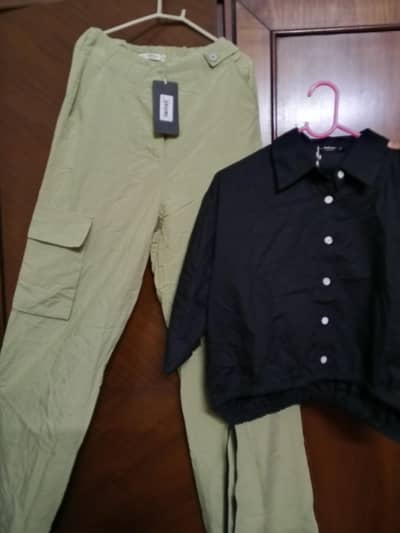 black crop shirt & sage cargo pants set. New with tags