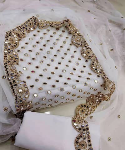 Beautiful 3pcs crinkle chiffon suit with mirror work