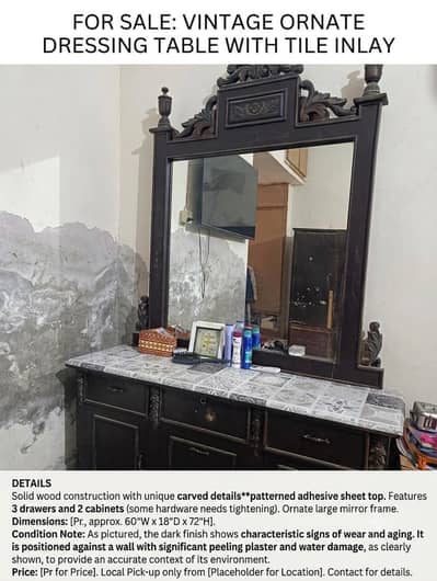Solid wooden dressing tablewith large mirror. Vintage style