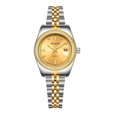 Men's Gold Steel Band Quartz Watch with Date Display