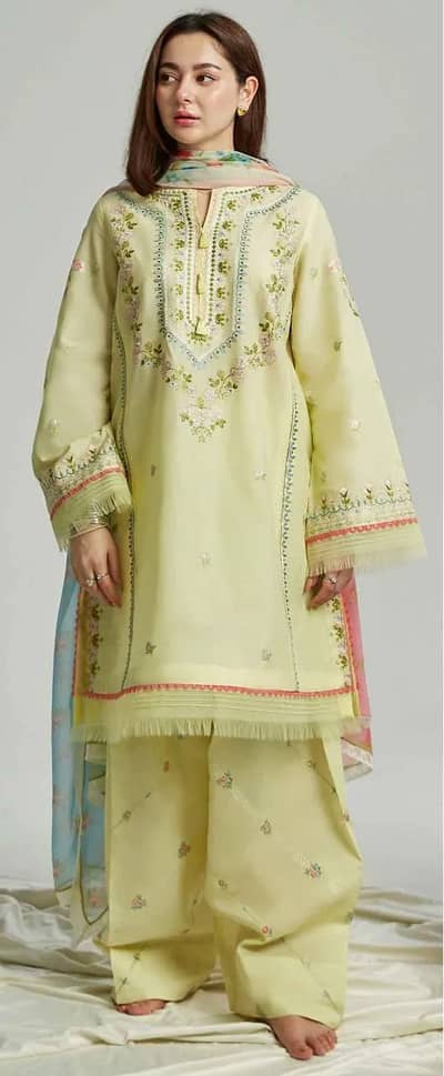 UNSTITCHED 3 PIECE LAON SUIT YELLOW EID PART WEAR