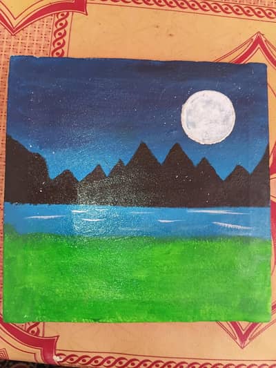 Title:  Handmade Moonlight Lake Painting – Beautiful Wall Art