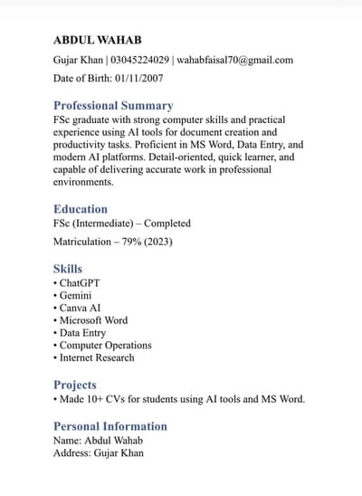 AI se Professional CV/Resume - 12 Ghante Delivery - Rs 500