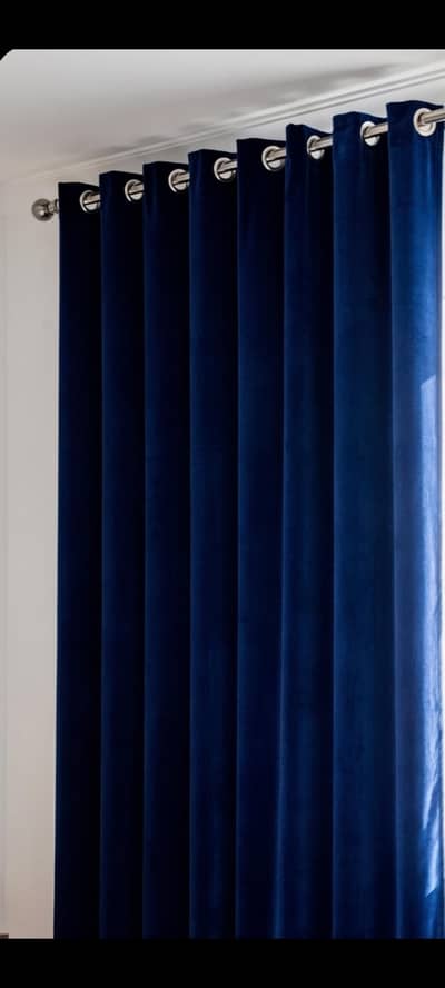4 Royal Blue barfi  velvet curtains with silver rings & gently used
