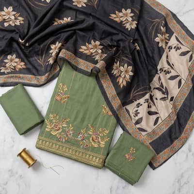 Green lawn 3 piece embroidered suit for women