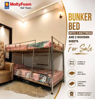 Premium Quality Bunker Bed with 2 Mattresses & Wooden Sheets for Sale