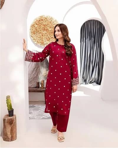 Maroon embroidered lawn suit for women wedding eid