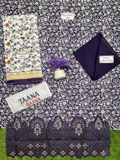Purple floral printed 3 piece khaddar suit for women