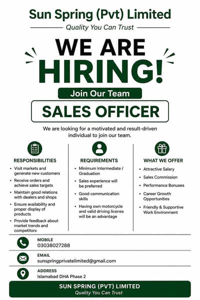 Urgent Hiring --Sales Officer | Sun Spring Pvt Limited