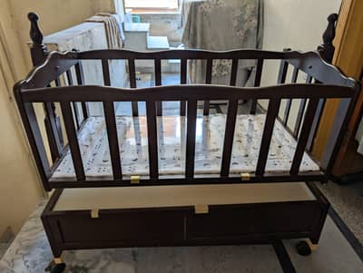Premium Wooden Baby Cot & Swing - Brand New (With Storage & Wheels)