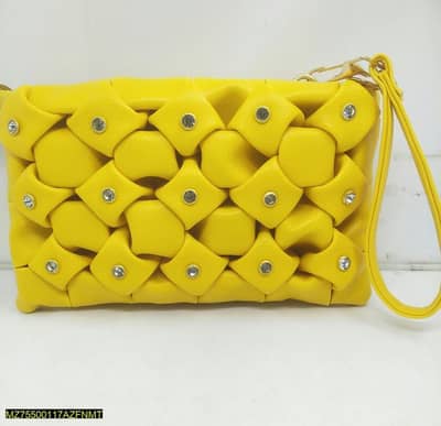 Yellow Woven Handbag with Rhinestones & Adjustable Strap