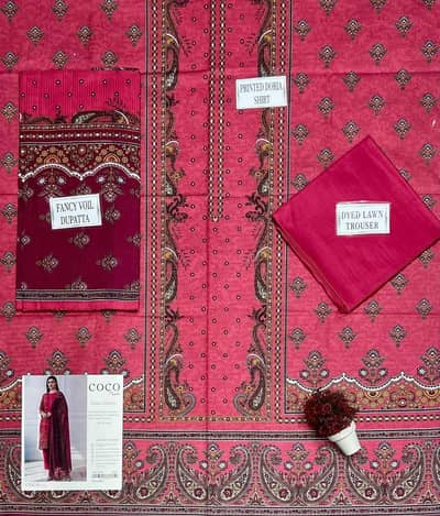 pink printed 3 peice dobby lawn suit set