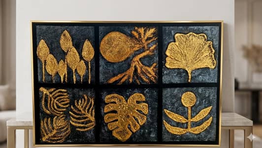 Handmade Textured Botanical Wall Art – Gold & Black – 2x3 Feet