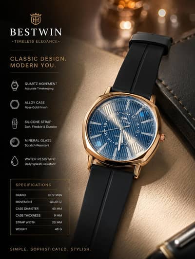 Bestwin Stylish Men's Watch - Black Strap & Golden Dial