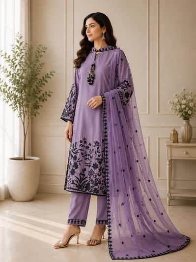 Lavender Embroidered Lawn Suit with Dupatta – Women's Dress
