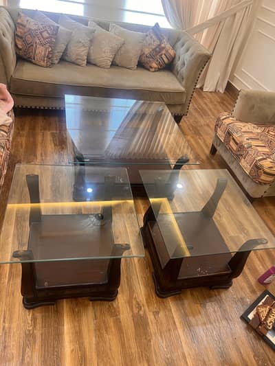 Center Table + 2 Side Tables, Solid Wood & Glass Set