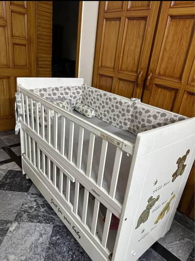 White Wooden Baby Crib + Mattress + Bedding Set | Excellent Condition