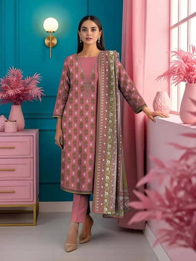 Elegant 3pc Unstitched Lawn Suit Printed & Embroidered (Dusty Pink)