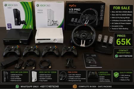 Xbox 360 Slim 250GB + Fat 250GB Bundle | PXN V3 Pro Racing Wheel | 4 C