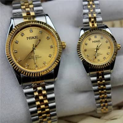 Mens Steel Watch Pair Silver Dial Waterproof Quartz