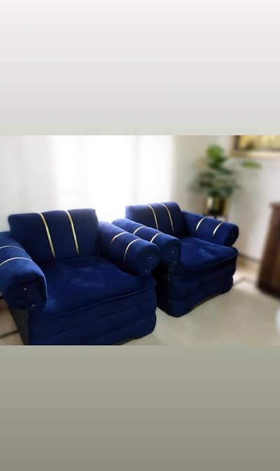 7 seater sofa set + acrylic center table + 6 curtains