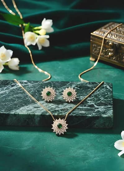 Sunburst Pendant Set  Green Zircon Gold Plated