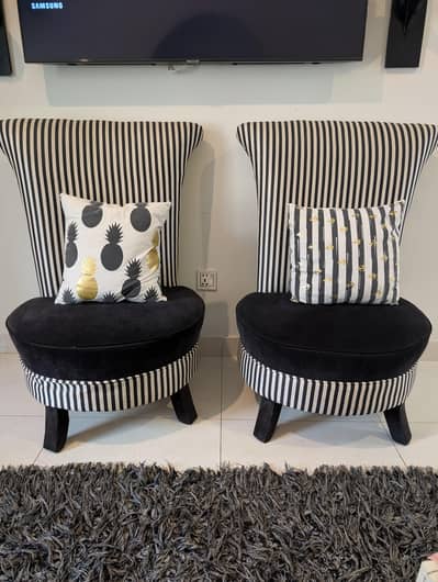 Pair of Black and White Striped Wingback Accent Chairs