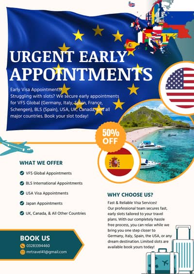 All Countries Early Appointments Available, VFS Global, BLS & Schengen