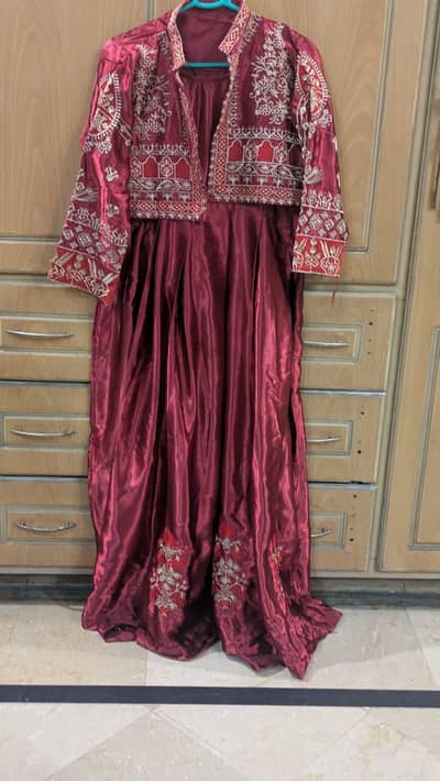 Maroon shamoz silk maxi with a heavily embroidered cropped jacket