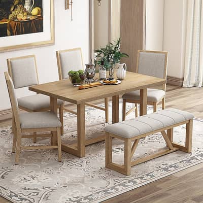 Modern Wooden 6-Seater Dining Table Set with Bench – Excellent Condit