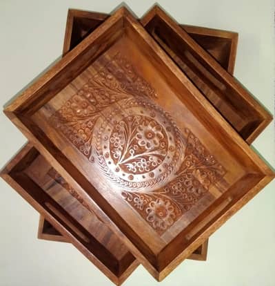 Wood Serving Tray Set of 3  with Carving