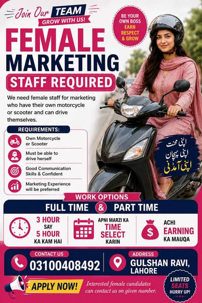Female Marketing Staff Required (Full Time / Part Time )