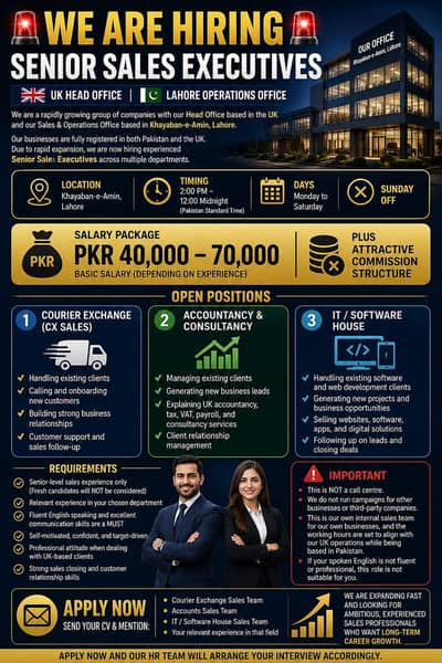 Hiring – Senior Sales Executives (Lahore Office)