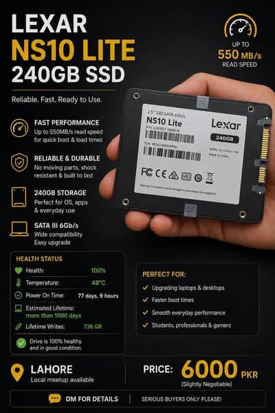 Lexar NS10 Lite 240GB SSD – 100% Health