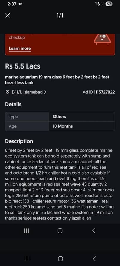 marine tank 6 feet by 2 by 2 feet sump and cabnite  19 mm uttra clear