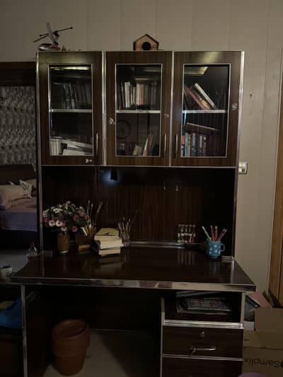 Wooden Study Desk with Overhead Bookshelf & Storage Cabinet