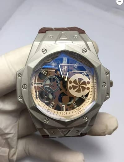 Hublot Big Bang Skeleton Watch Brown Strap Silver Case - New