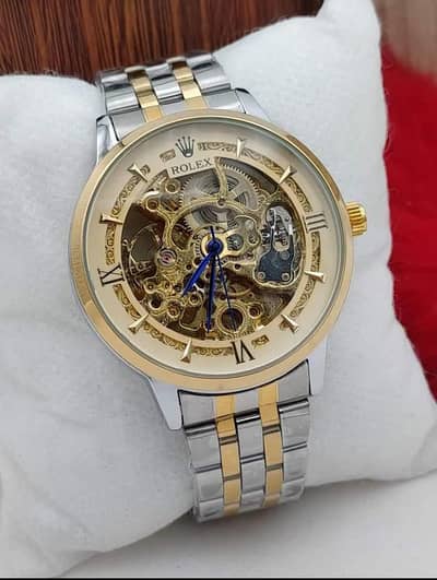 Rolex Skeleton Automatic Watch Two Tone Gold Silver Chain