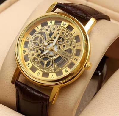 Aisha Golden Skeleton Watch Leather Strap Roman Dial - New