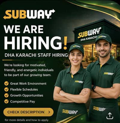 Subway DHA Karachi Jobs | 0317-444-4000